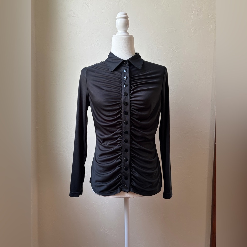 Samuel Dong Black Ruched Button Front Stretch Top Fitted Long Sleeve XS/S